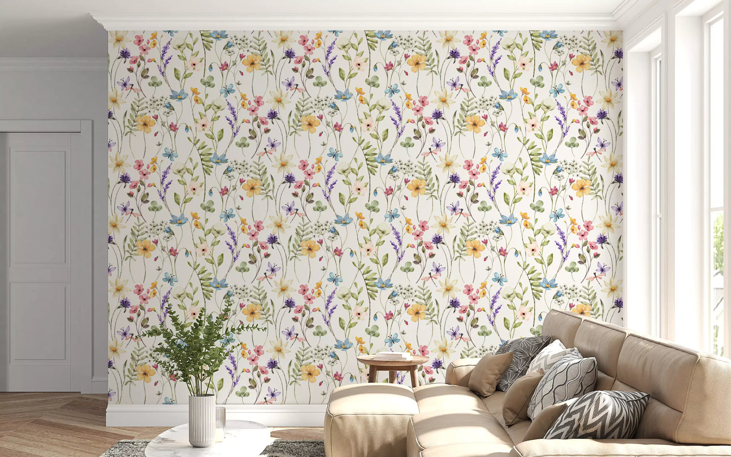Hallway Wildflower Wallpaper showing meadow stems and pastel floral detail