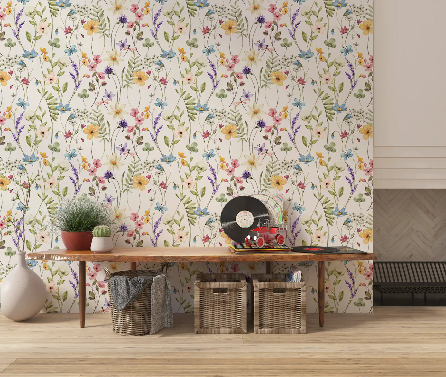 White floral wallpaper showing Wildflower Meadow blooms with leafy green trails