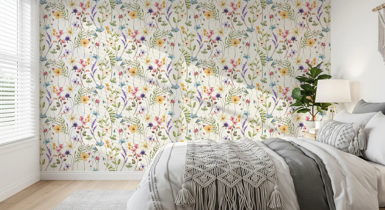 Bedroom Meadow Wallpaper with wildflower petals on a warm white base