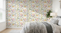 Bedroom Meadow Wallpaper with wildflower petals on a warm white base