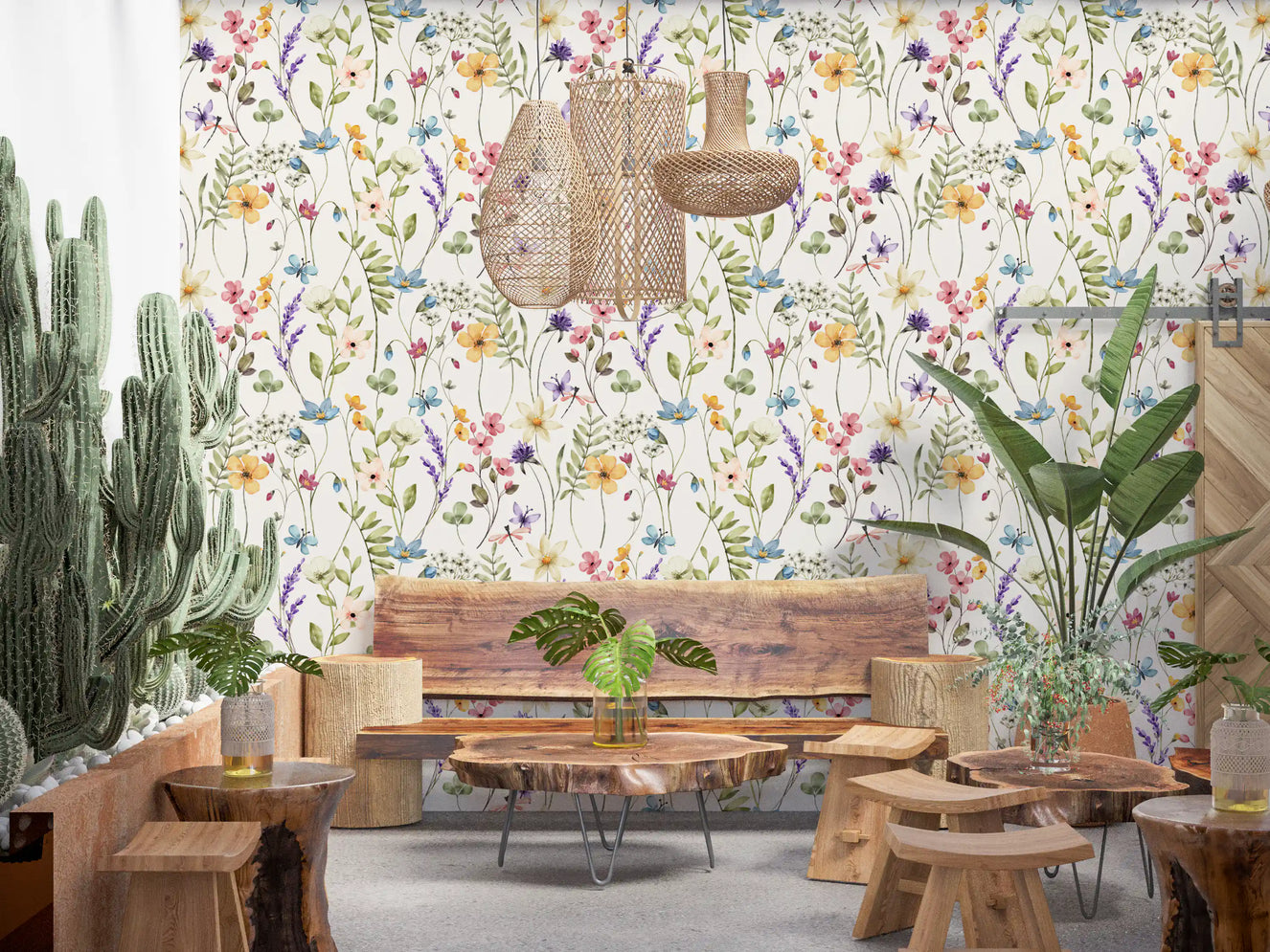 Cafe area Wildflower Meadow Wallpaper with soft blooms and leafy stems