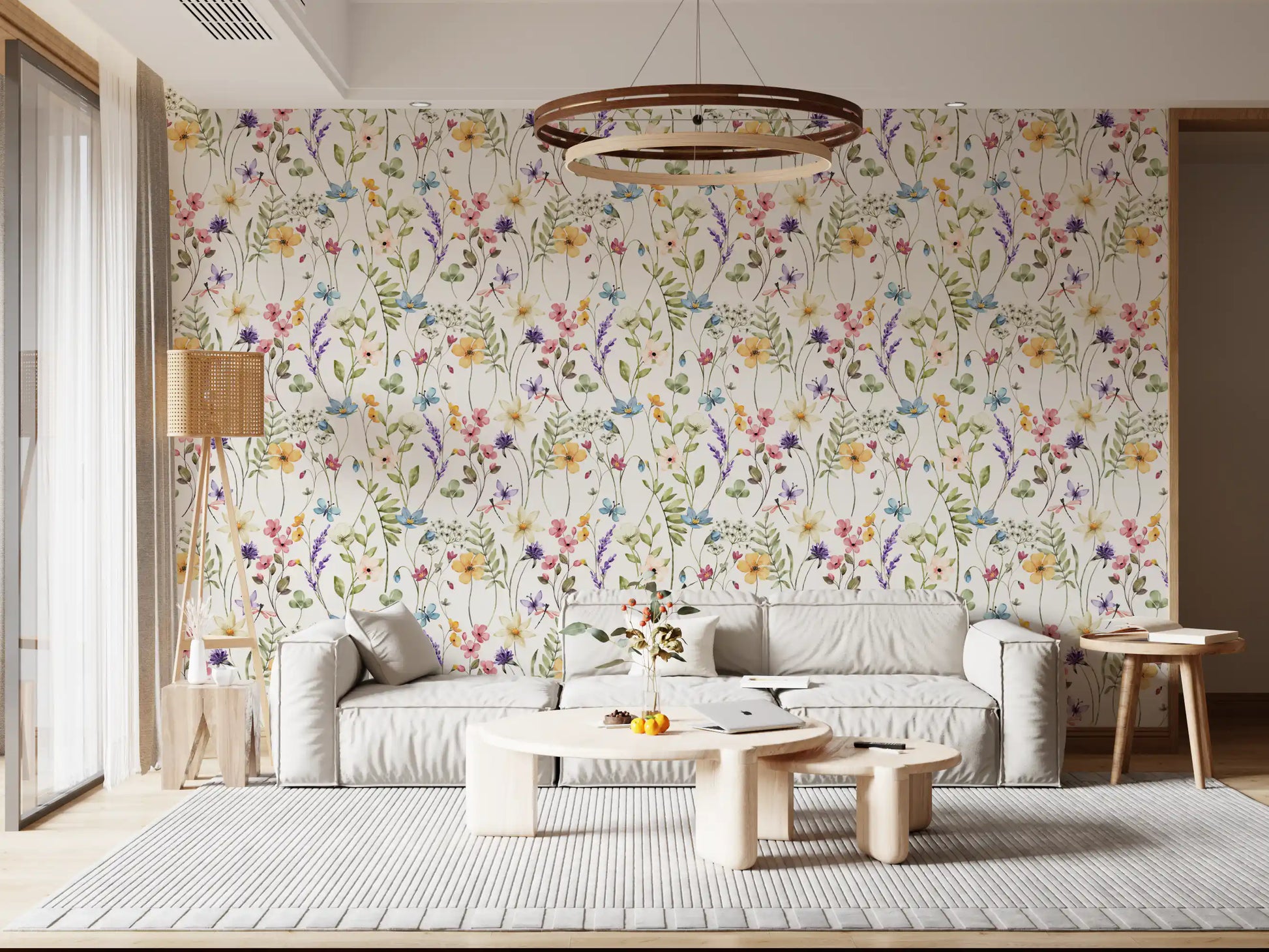 Living room Meadow Wallpaper with painted blooms, leaves, and butterfly accents