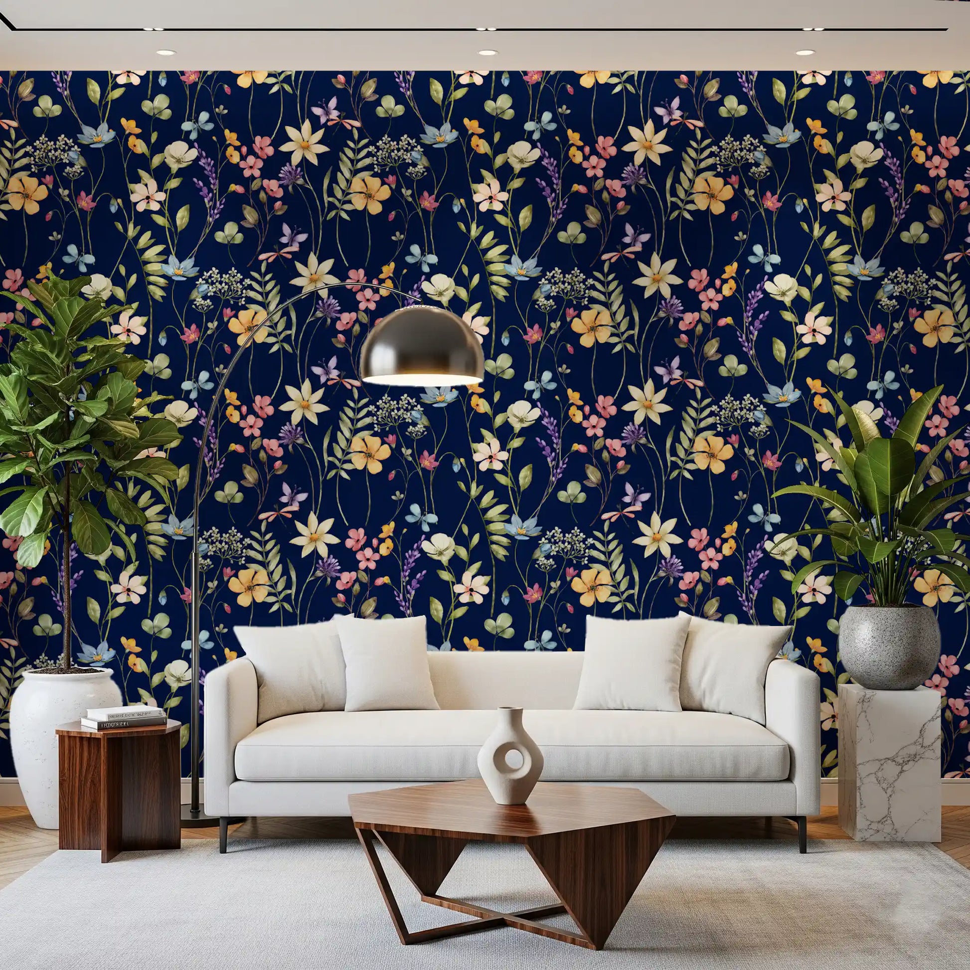 Office room Midnight Garden Wallpaper with pastel petals on deep blue