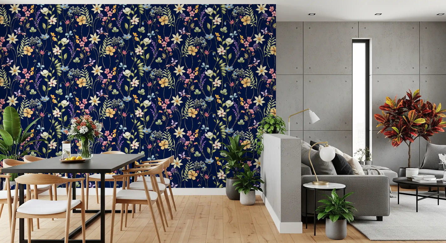 Botanical midnight wallpaper with soft blossoms and watercolor leaf detail