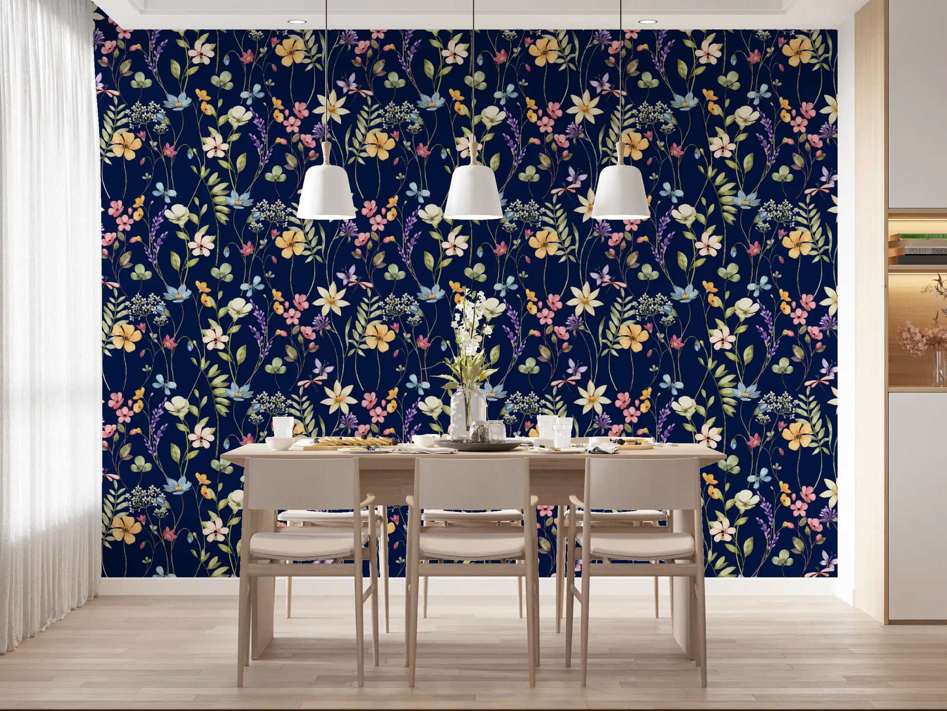 Enchanted Midnight Garden Wallpaper showing watercolor blooms on navy