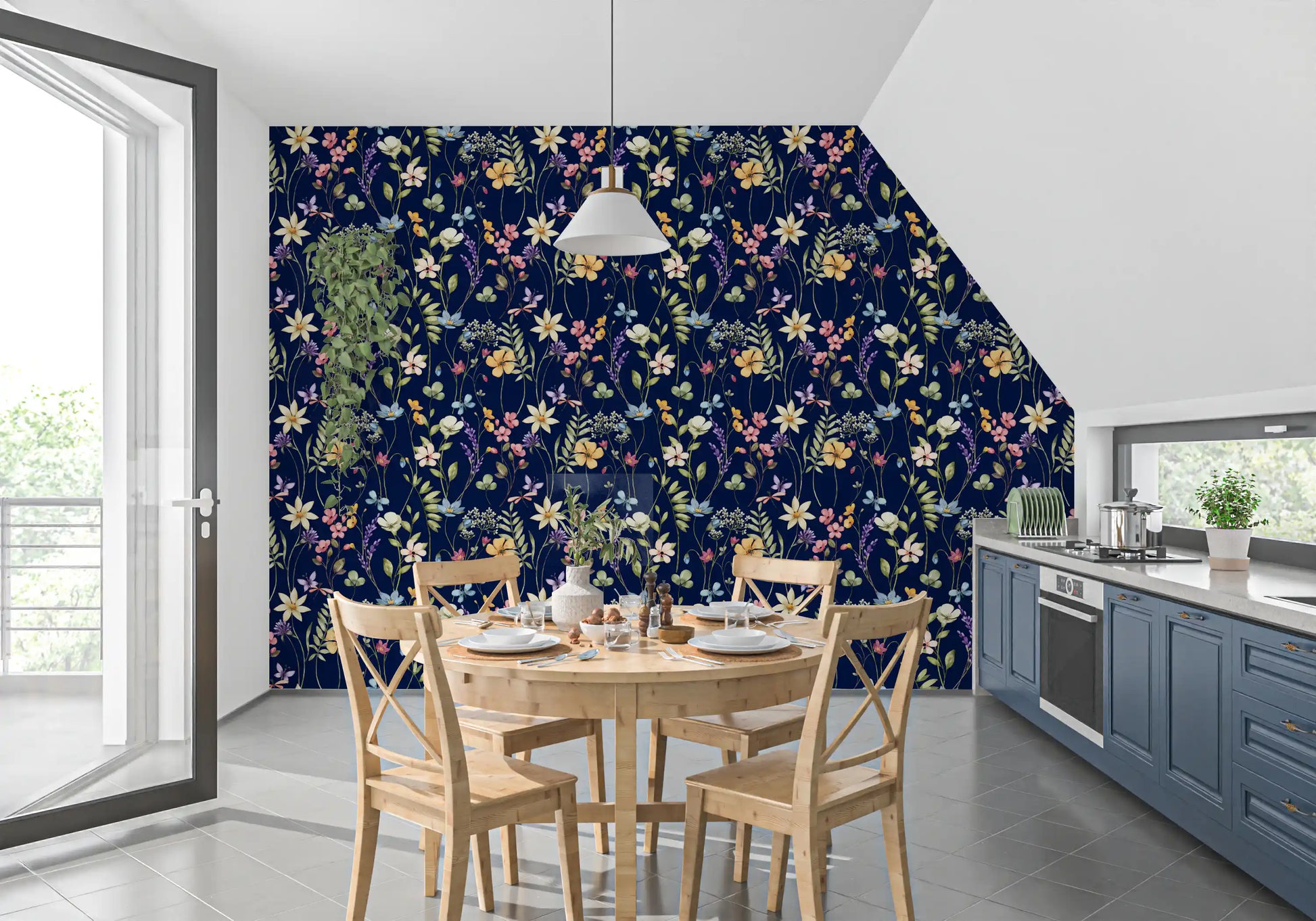 Navy floral wallpaper with Enchanted Garden blooms and slender leaves