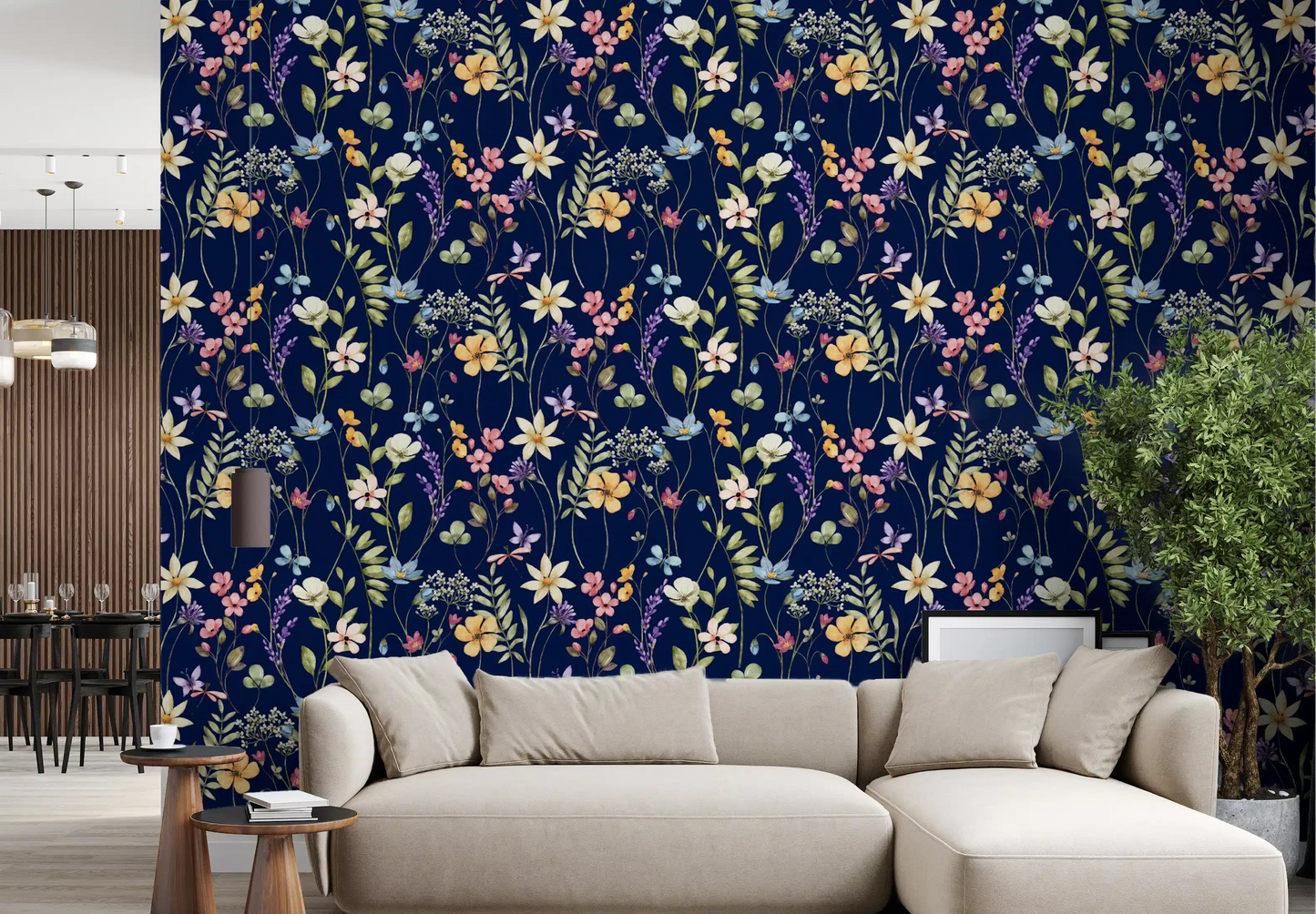 Living room Enchanted Midnight Garden Wallpaper with pastel floral stems