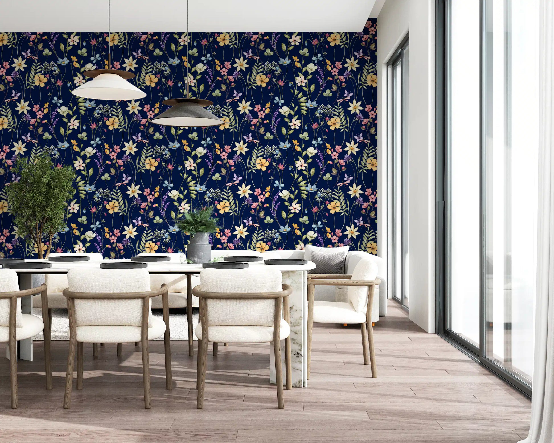 Midnight Garden floral wallpaper with pink, yellow, and blue flowers