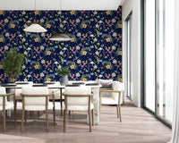 Midnight Garden floral wallpaper with pink, yellow, and blue flowers
