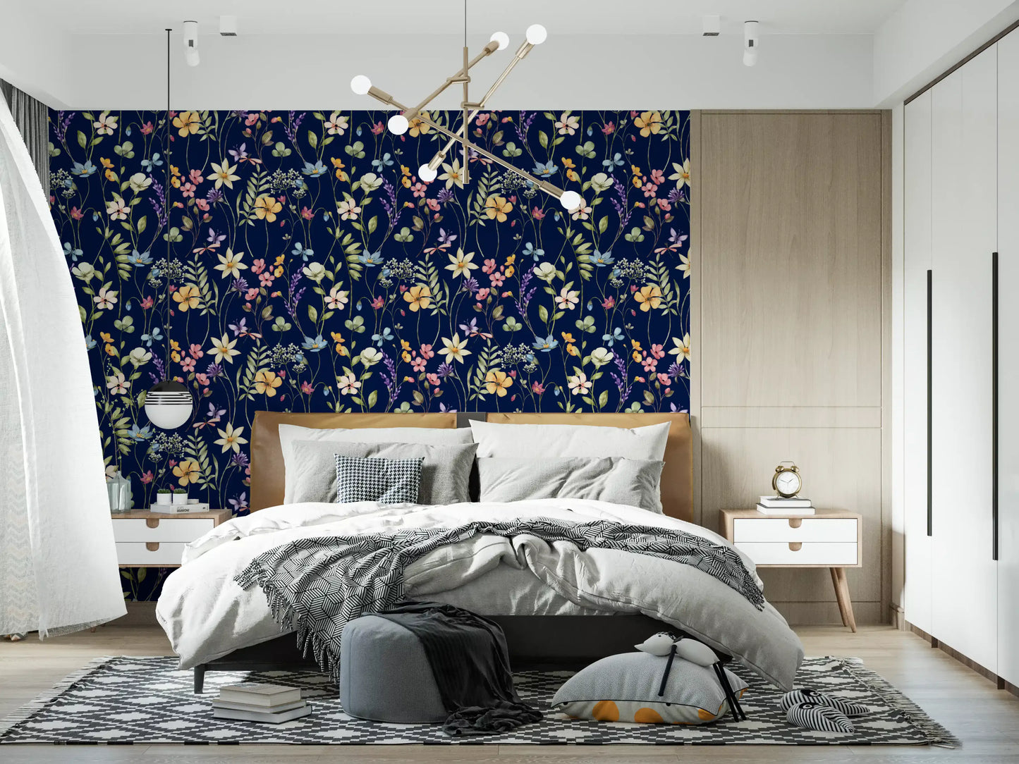 Enchanted Wallpaper with pastel flowers, curved stems, and midnight base
