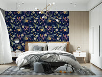 Enchanted Wallpaper with pastel flowers, curved stems, and midnight base