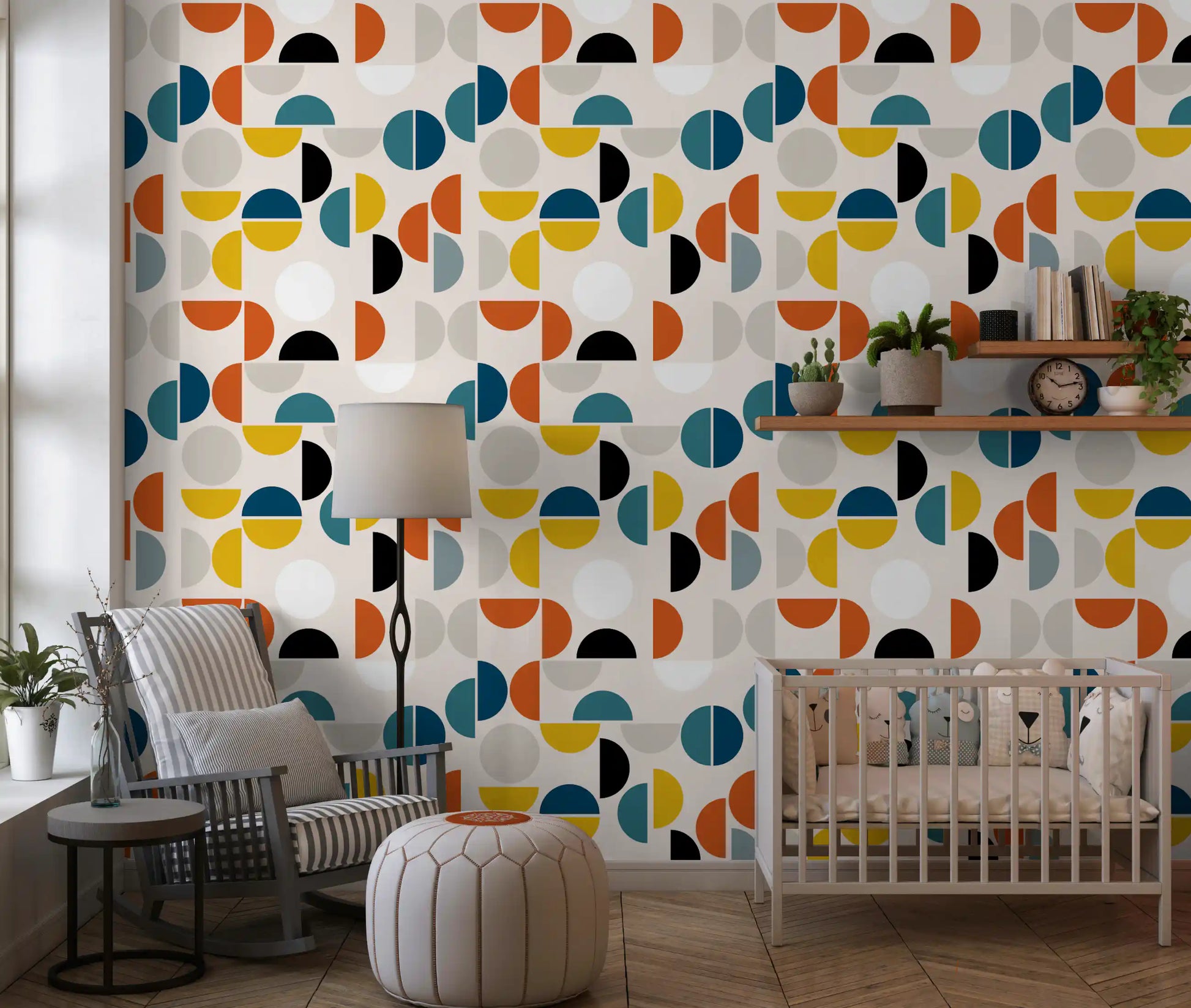 Modern rhythm wallpaper with bold curved shapes across a warm neutral background