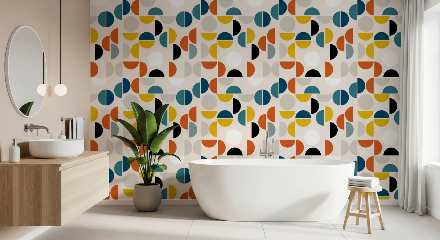 Color block wallpaper with teal, mustard, black, and orange geometric accents