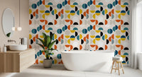 Color block wallpaper with teal, mustard, black, and orange geometric accents