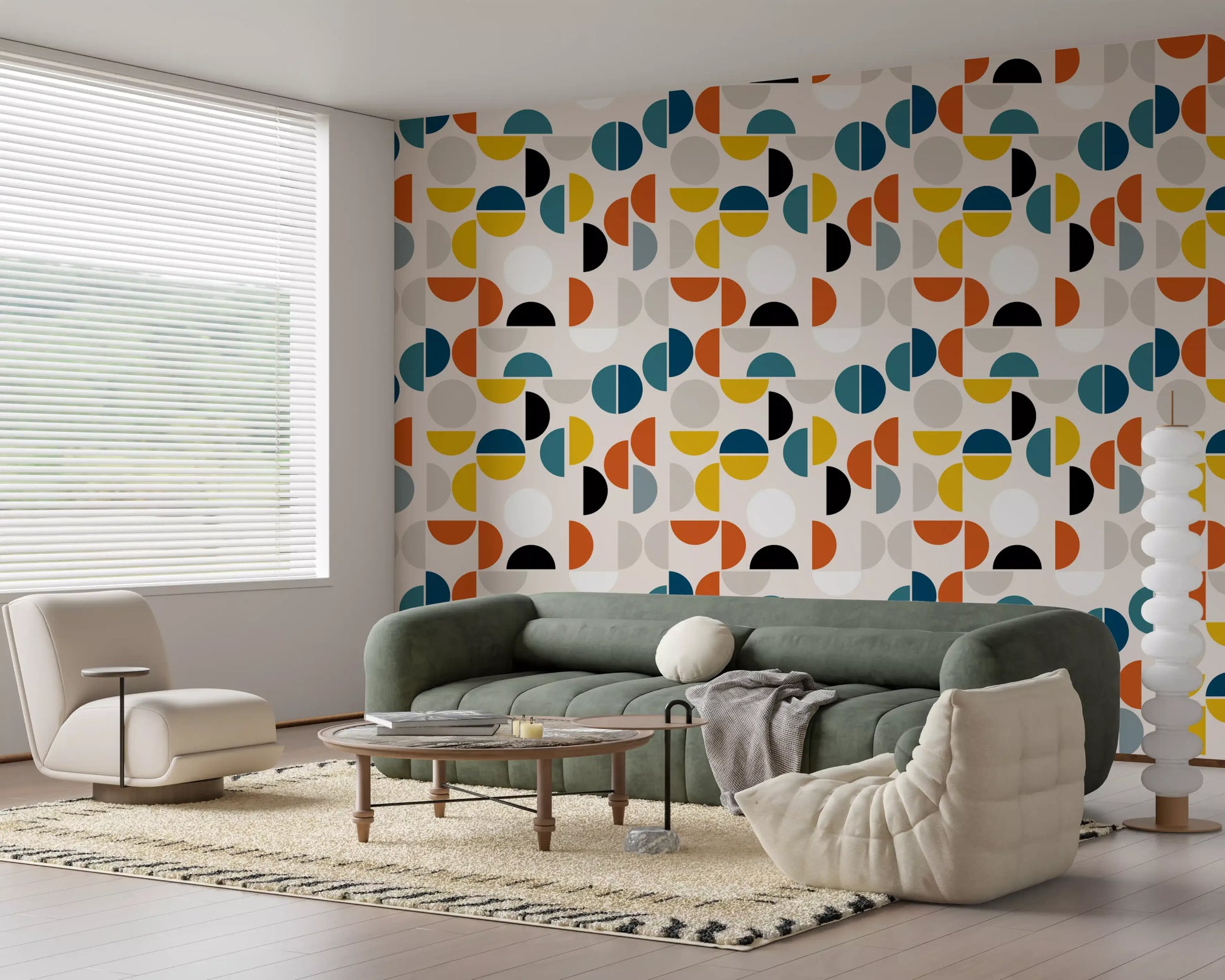 Orange and teal wallpaper with geometric rhythm, split rounds, and clean repeat