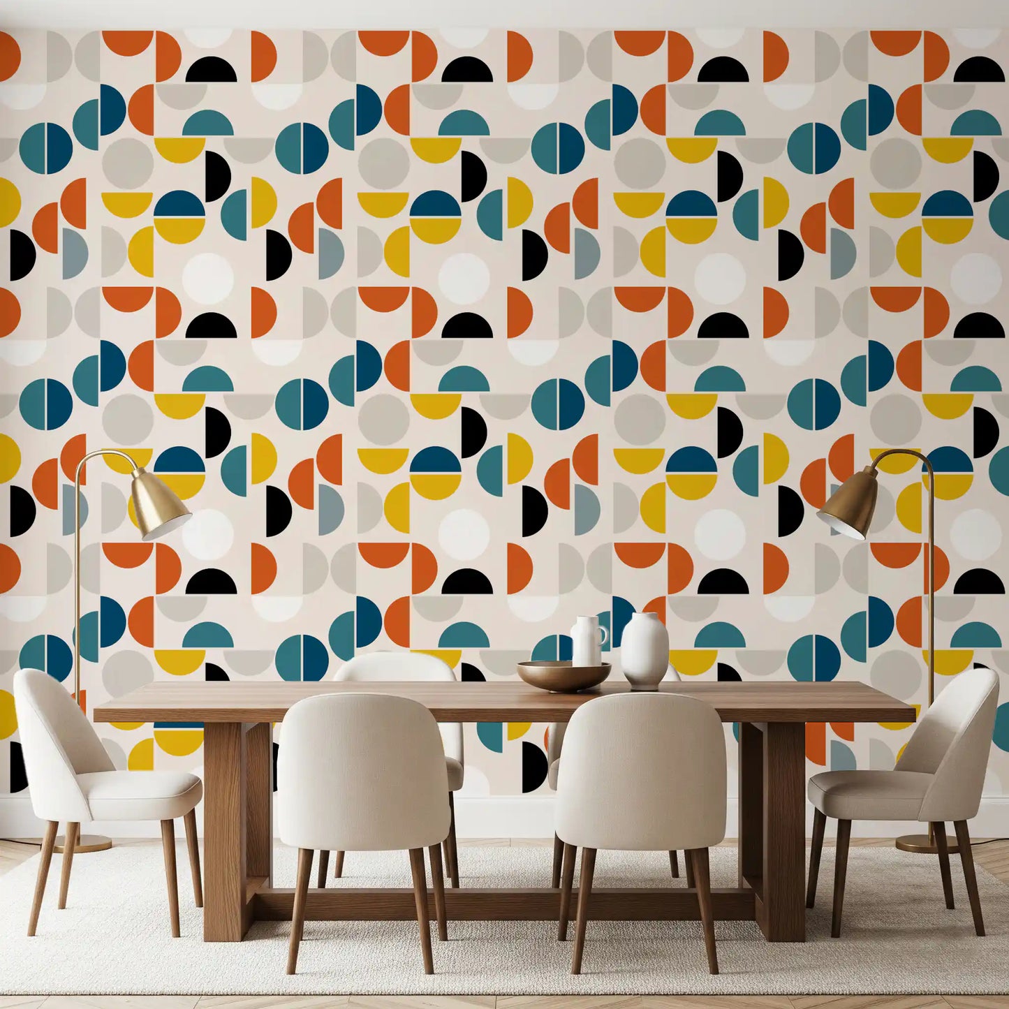 Dining room Rhythm Wallpaper featuring black arcs, yellow forms, and calm spacing