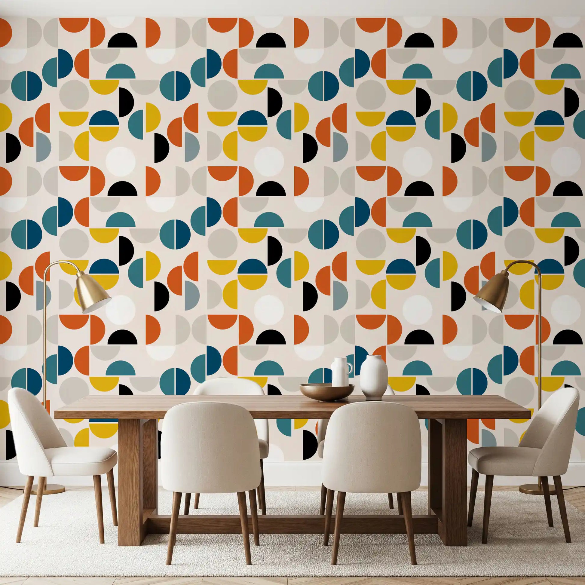 Dining room Rhythm Wallpaper featuring black arcs, yellow forms, and calm spacing