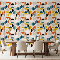Dining room Rhythm Wallpaper featuring black arcs, yellow forms, and calm spacing