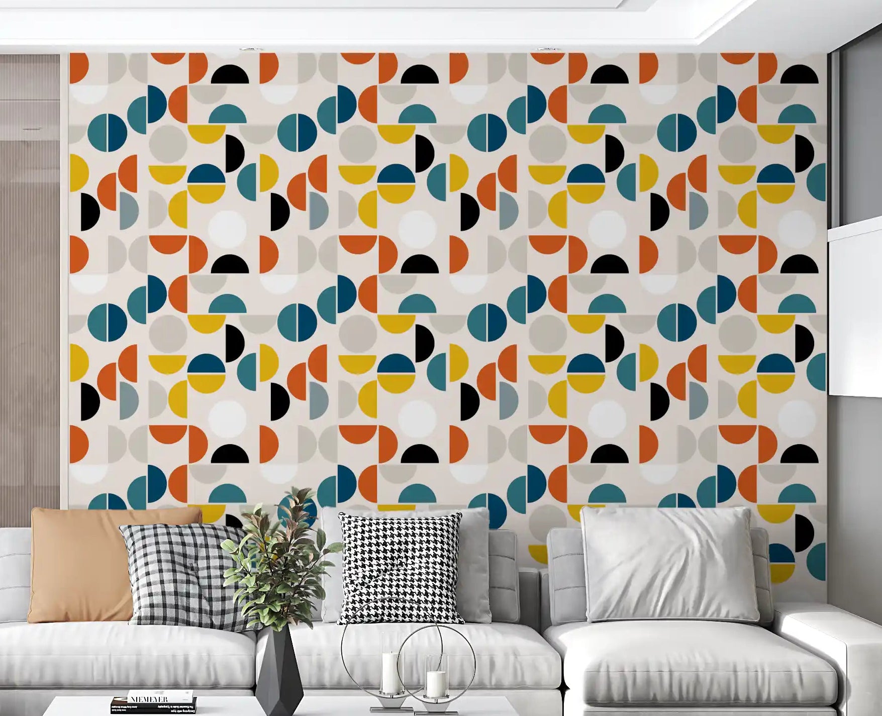 Living room Geometric Rhythm Wallpaper with orange, teal, and yellow curves