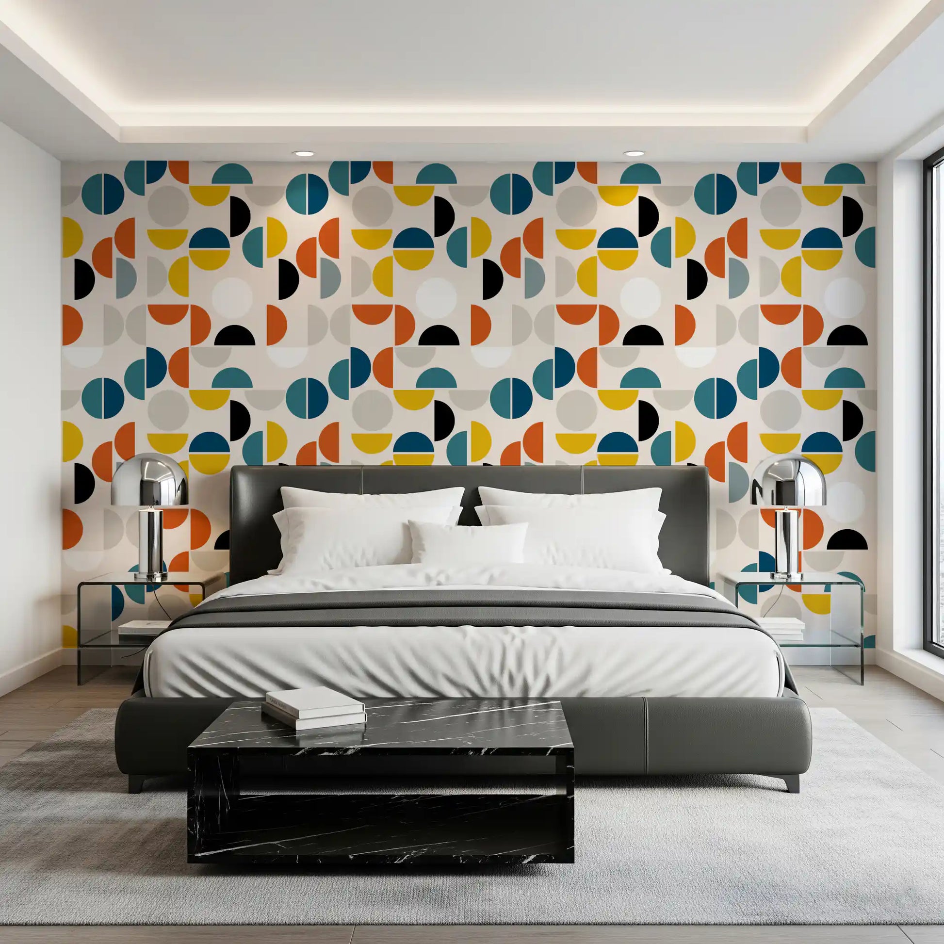 Bedroom Rhythm Wallpaper showing split circles, clean blocks, and soft beige base