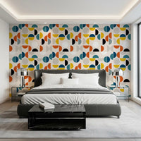 Bedroom Rhythm Wallpaper showing split circles, clean blocks, and soft beige base
