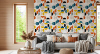 Living room Geometric Rhythm Wallpaper with teal rounds and ocher half shapes