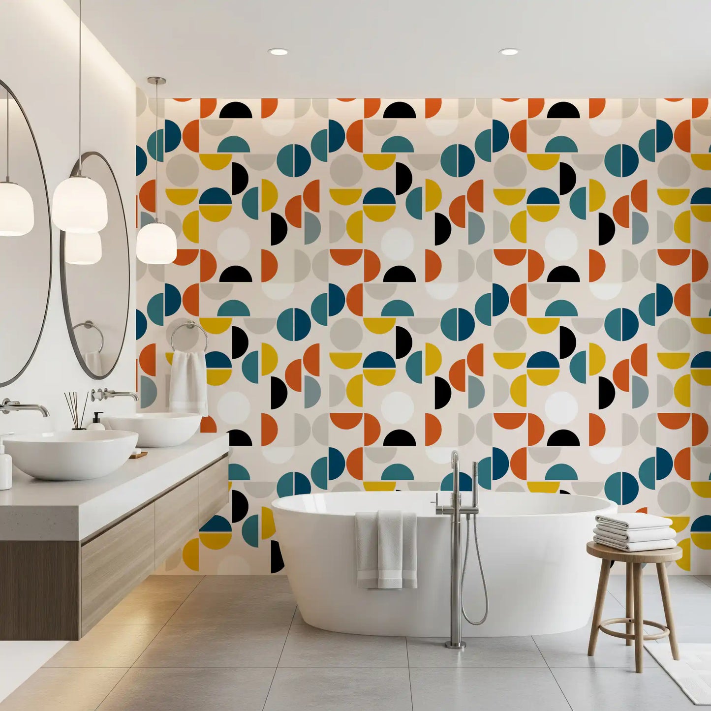 Geometric Rhythm Wallpaper in a retro block pattern with layered circular shapes