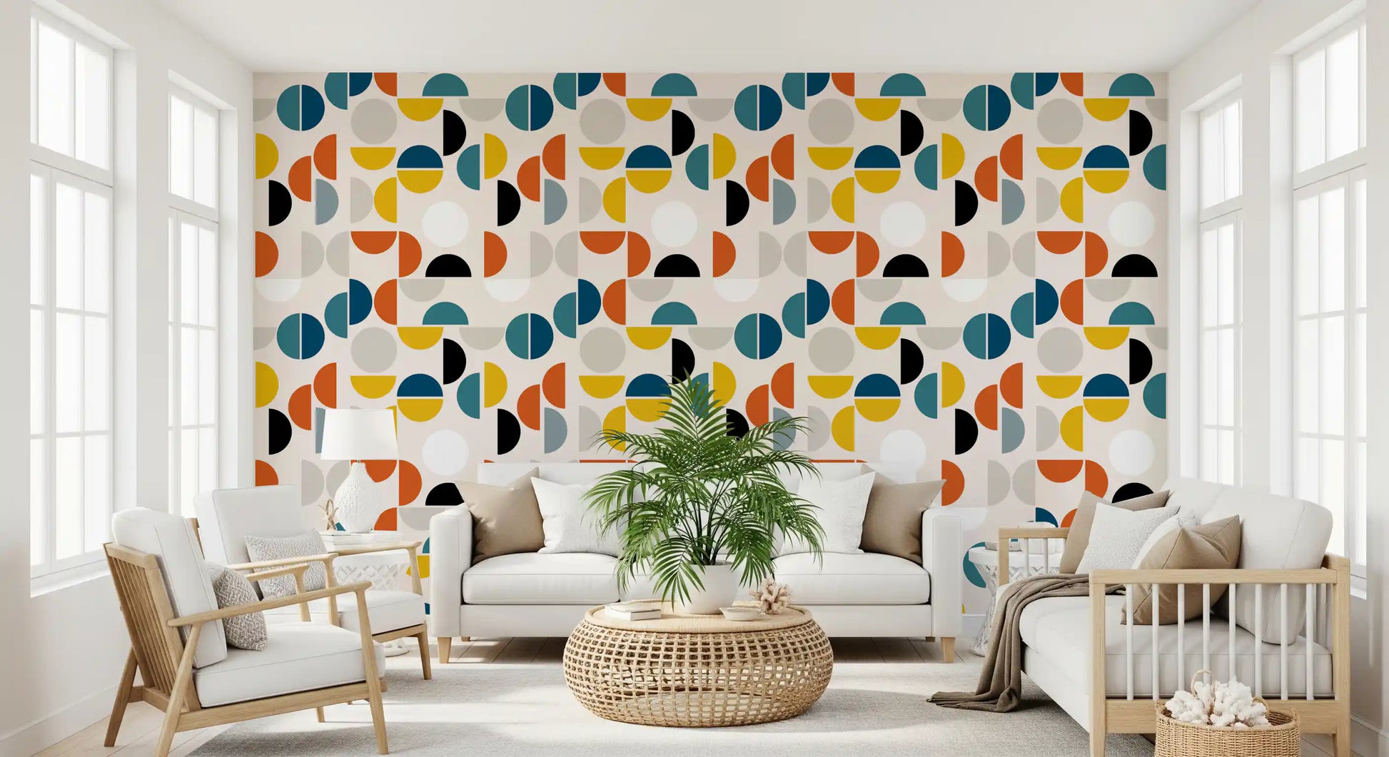 Retro geometric wallpaper showing half circles, dots, and balanced bright blocks
