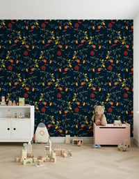 Citrus and berry wallpaper in a Vibrant Harvest dark blue repeating design