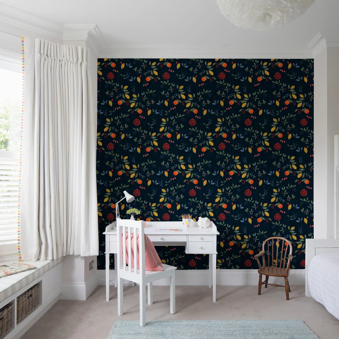 Study room Dark Blue Wallpaper with harvest fruit motifs and leaf pattern