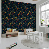 Botanical fruit wallpaper with Vibrant Harvest pattern on a dark blue surface
