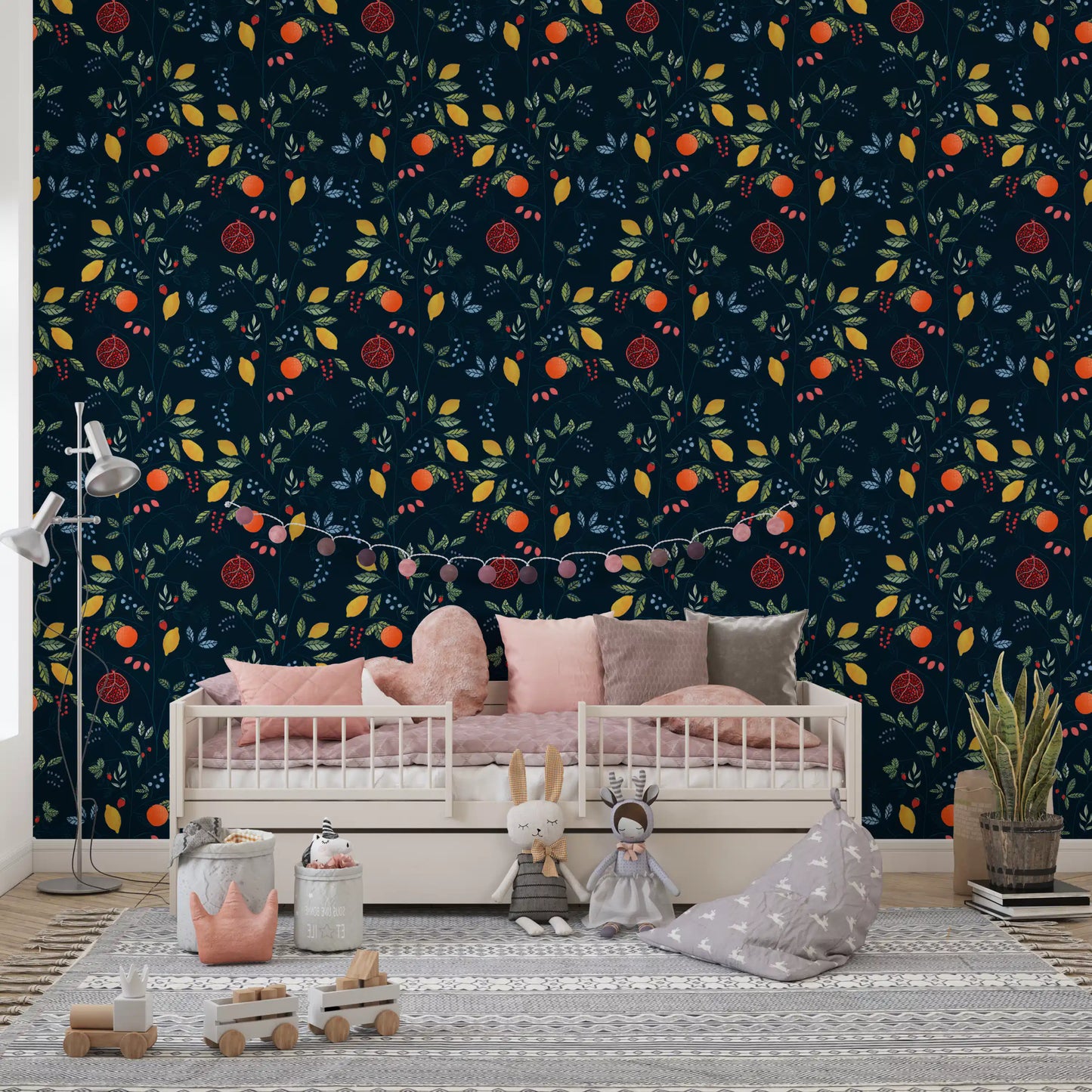 Kids play area Vibrant Harvest Wallpaper showing fruit branches on dark blue base