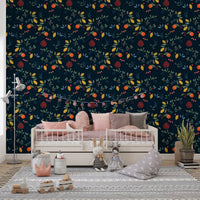Kids play area Vibrant Harvest Wallpaper showing fruit branches on dark blue base