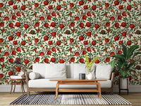 In a Living room, Pomegranate Orchard wallpaper layers ruby fruit and patterned moths.
