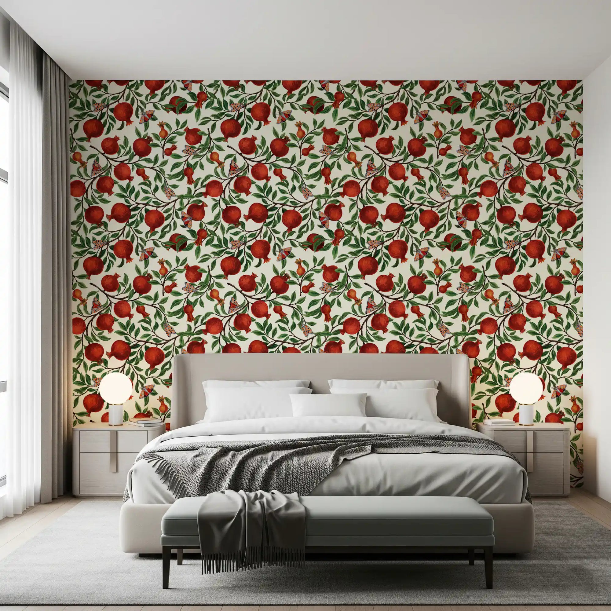 Pomegranate Orchard Butterfly Dance wallpaper fills this bedroom with a warm tone.