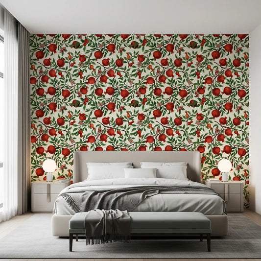 Pomegranate Orchard Butterfly Dance wallpaper fills this bedroom with a warm tone.