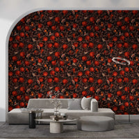 Living room takes the Pomegranate Nocturne wallpaper as one deep-toned fruit feature.
