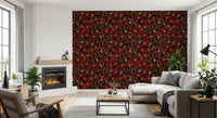 Dark tones and red fruit run along a hallway through this Pomegranate Nocturne wallpaper.