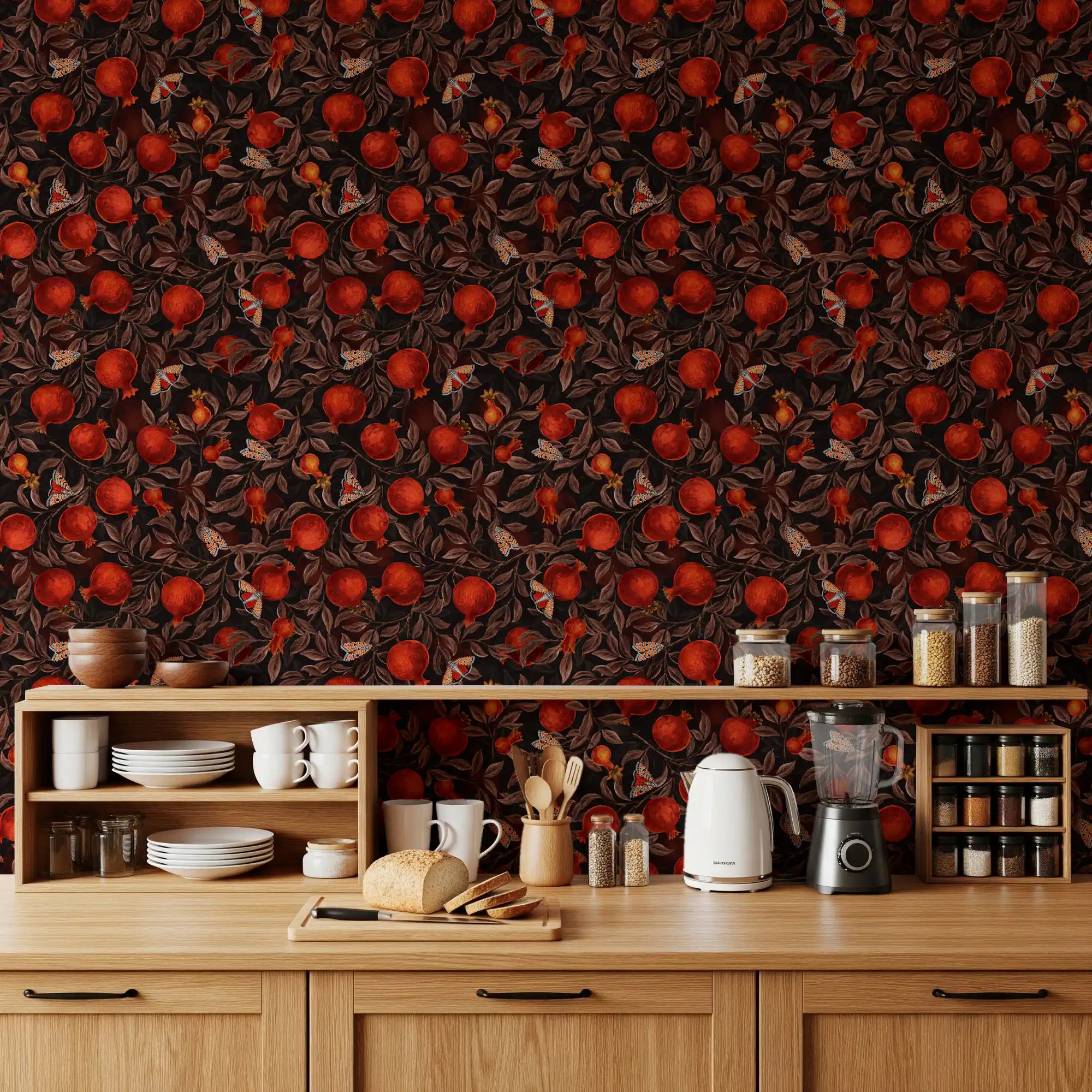 Pomegranate Nocturne wallpaper covers a full run in the kitchen-dining area.