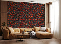 Near-black foliage holds ripe fruit and patterned moths  pomegranate wallpaper.