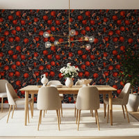 Dining room shifts moodier with the Crimson Pomegranates & Moths wallpaper on view.