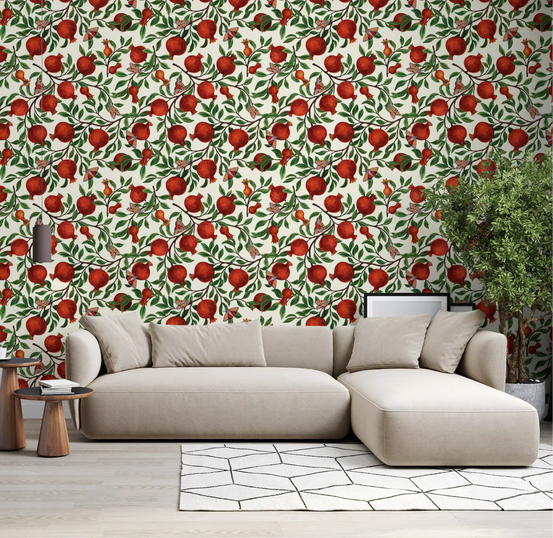 Pomegranate Butterfly Garden Wallpaper builds a fruit-garden setting in a living room.