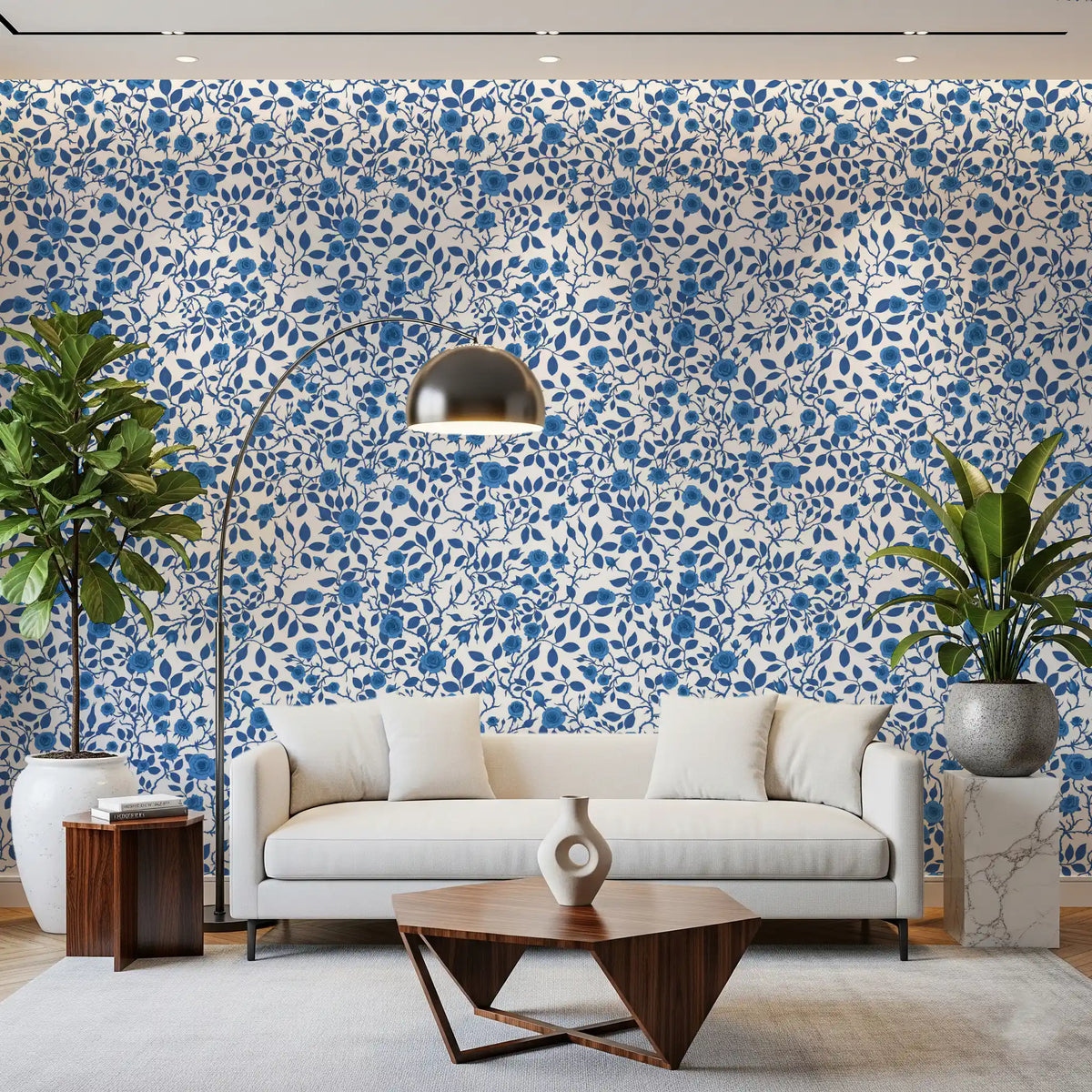 Cool blue blooms drift through Living room in the Wild Roses Blue and White wallpaper.