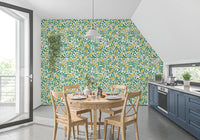 Garden mood lands in a Kitchen and dining with the Golden Bloom Rose Wallpaper.