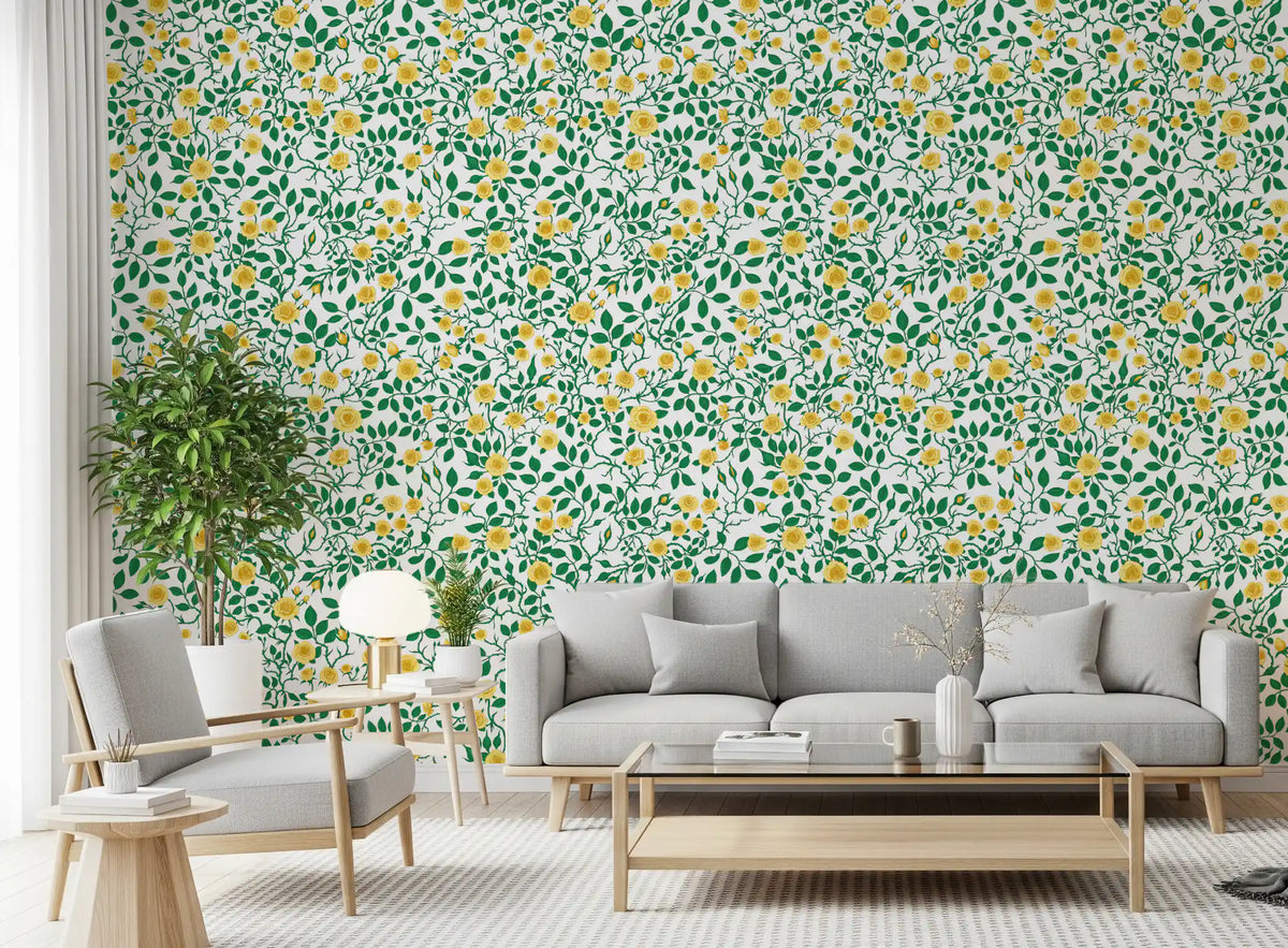 Golden Bloom Rose Trellis Wallpaper opens a fresh garden look in a living room.