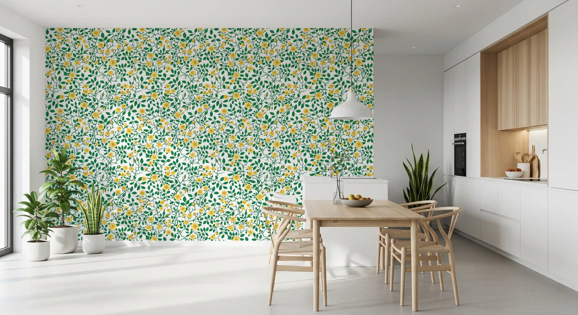 Climbing vines hold yellow flowers across the Golden Bloom Rose Wallpaper in a Dining room.