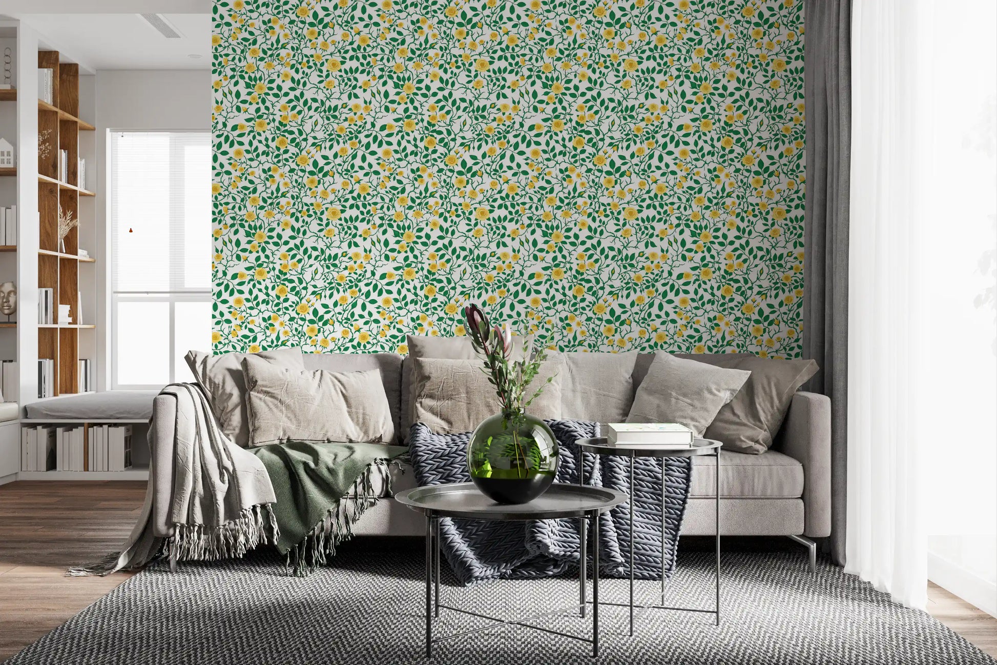 Between yellow heads, brown thorny branches loop across this Golden Bloom Rose Wallpaper.