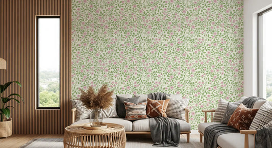 Climbing pink roses spread through the living room via Sweet Briar Embrace wallpaper.