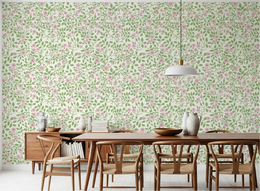 Garden-cottage feel lands in the dining room thanks to Sweet Briar Embrace wallpaper.