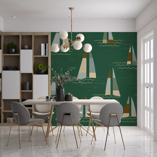Cream and sage sails fill a kitchen corner across the Mid Century Coastal wall mural.